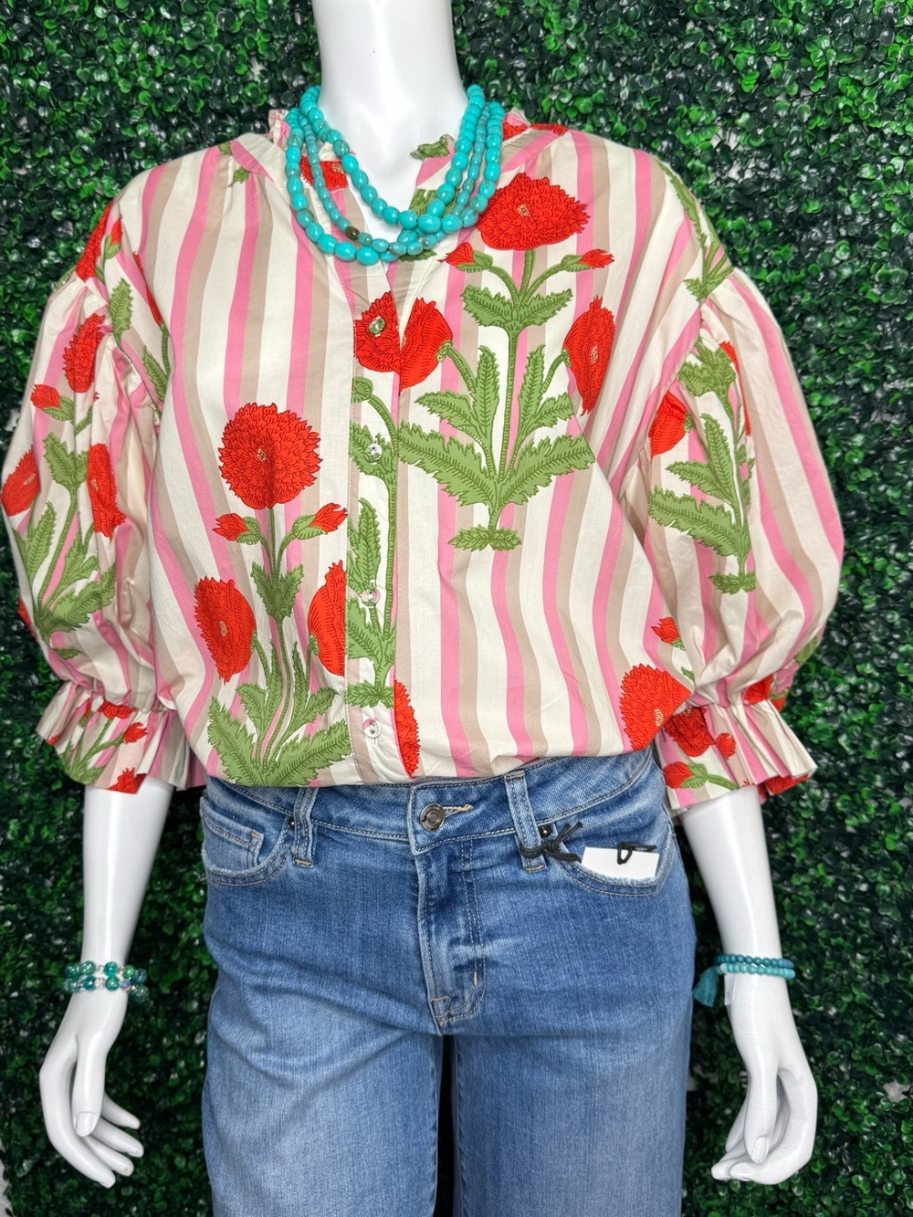 BiBi Pink & Red Striped Floral Puff-Sleeve Blouse